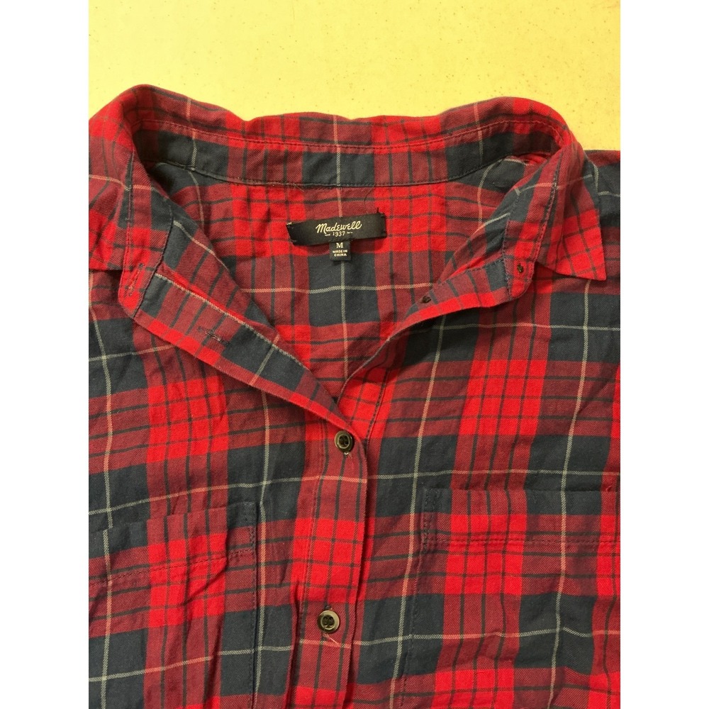 Madewell Womens Red Navy Blue Plaid Button Down Shirt High Low Hem Size M